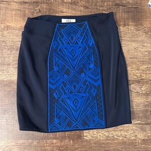 Tibi Black Mini Skirt with Bright Blue Embroidered Center Panel